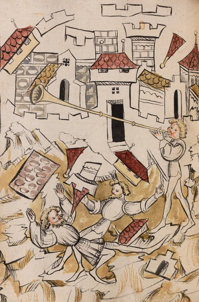 An illustration from Nycolaus de Lyra, Postilla super libros Iosue, Iudicum, Ruth, Esdrae, Iob, 1401, leaf 232