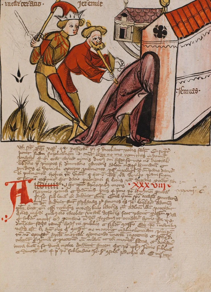 An illustration from Nycolaus de Lyra, Postilla super Ieremiam, Danielem, in Machabaeorum et Iudith, 1393, leaf 101