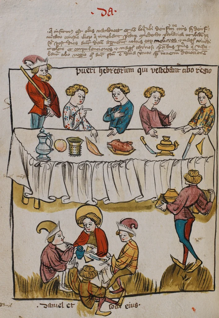 An illustration from Nycolaus de Lyra, Postilla super Ieremiam, Danielem, in Machabaeorum et Iudith, 1393, leaf 140