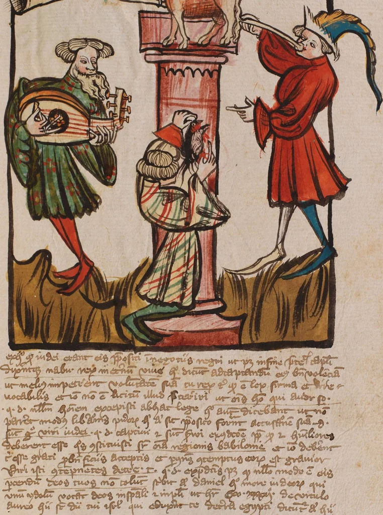 An illustration from Nycolaus de Lyra, Postilla super Ieremiam, Danielem, in Machabaeorum et Iudith, 1393, leaf 157