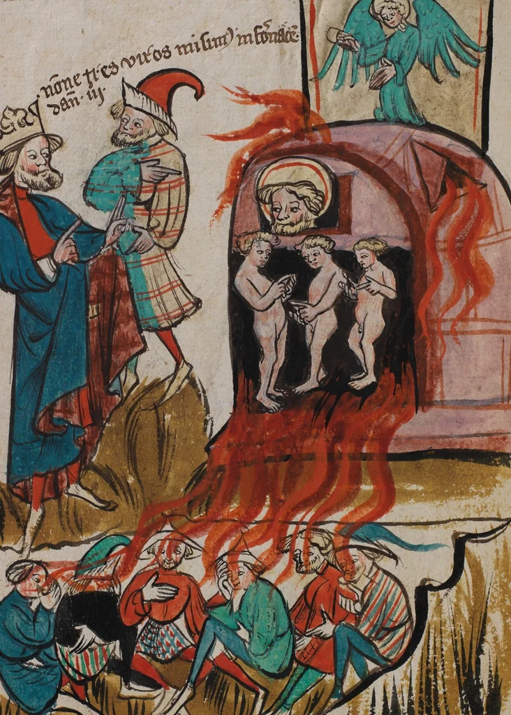 An illustration from Nycolaus de Lyra, Postilla super Ieremiam, Danielem, in Machabaeorum et Iudith, 1393, leaf 158