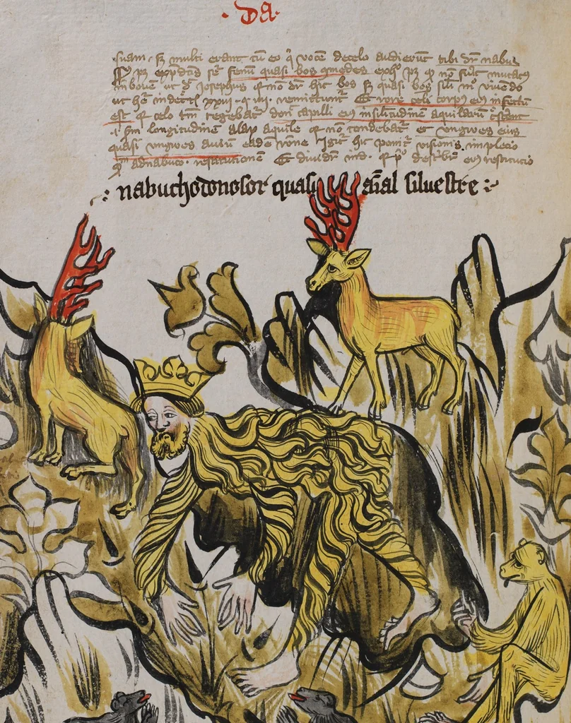 An illustration from Nycolaus de Lyra, Postilla super Ieremiam, Danielem, in Machabaeorum et Iudith, 1393, leaf 174