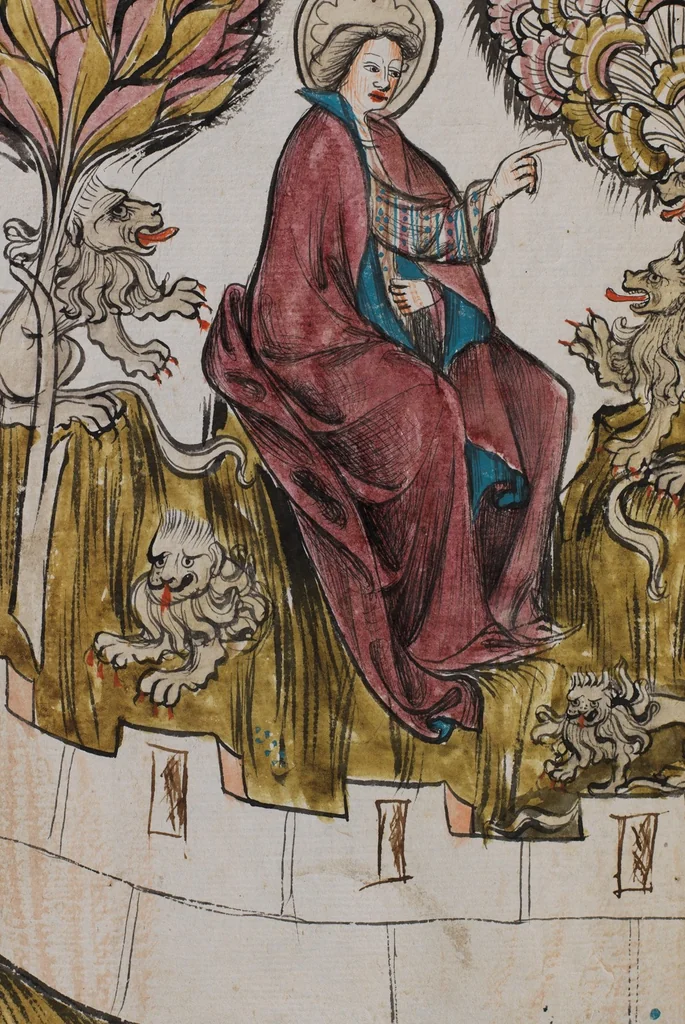 An illustration from Nycolaus de Lyra, Postilla super Ieremiam, Danielem, in Machabaeorum et Iudith, 1393, leaf 186