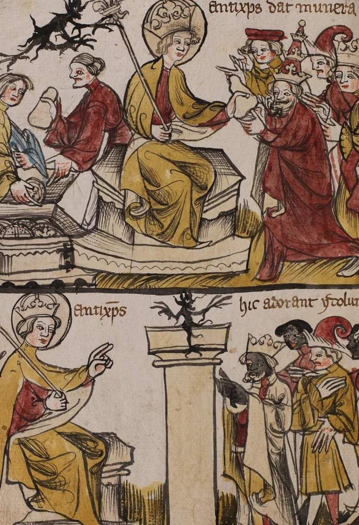 An illustration from Nycolaus de Lyra, Postilla super Ieremiam, Danielem, in Machabaeorum et Iudith, 1393, leaf 236