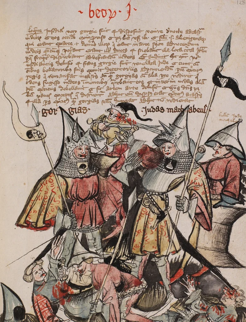 An illustration from Nycolaus de Lyra, Postilla super Ieremiam, Danielem, in Machabaeorum et Iudith, 1393, leaf 257