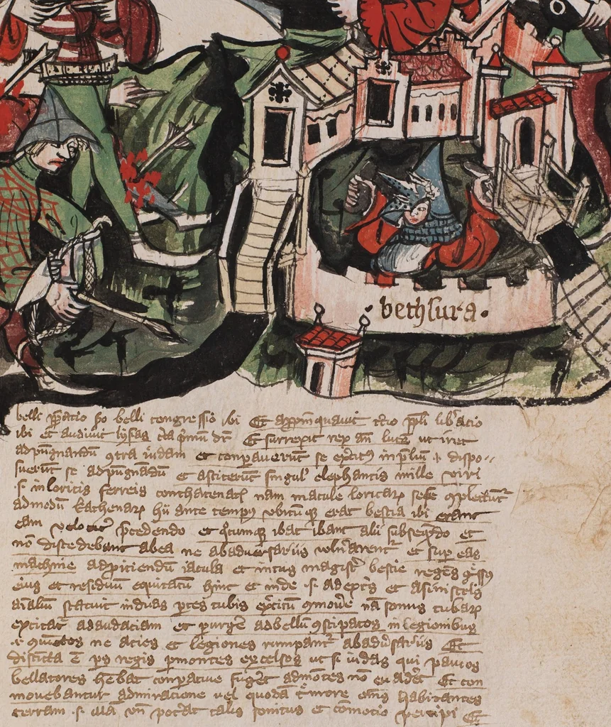 An illustration from Nycolaus de Lyra, Postilla super Ieremiam, Danielem, in Machabaeorum et Iudith, 1393, leaf 265