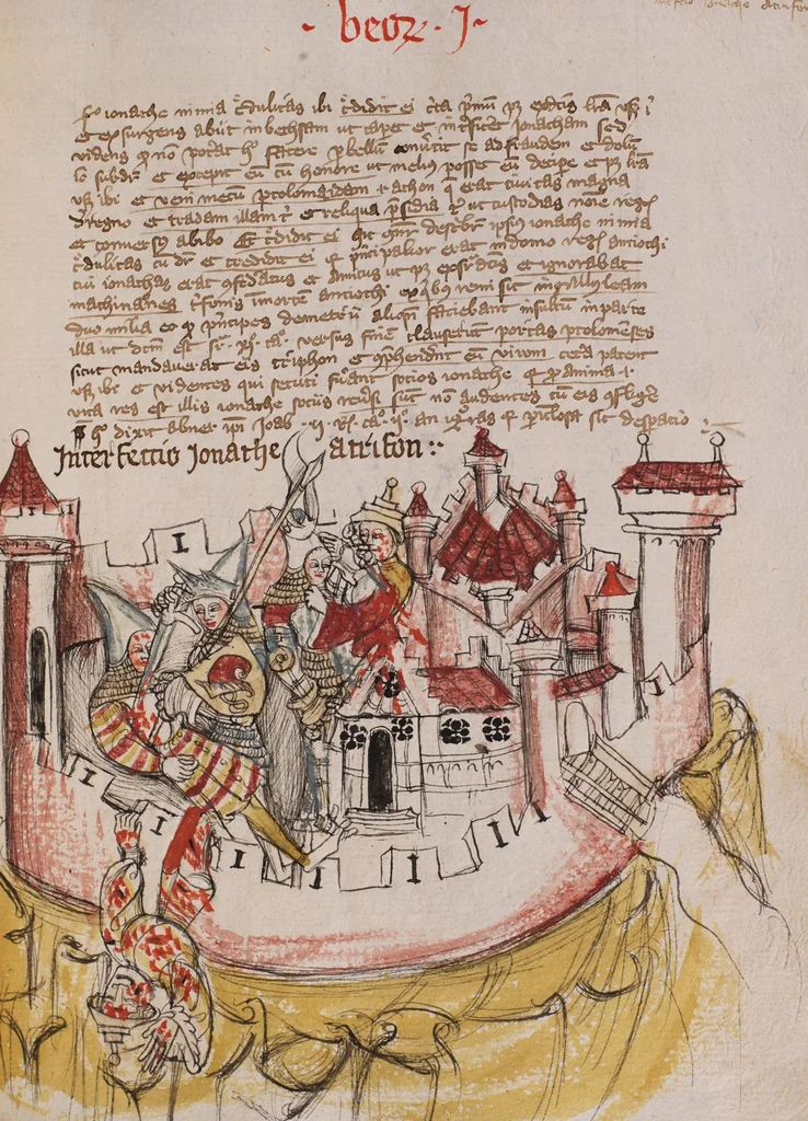 An illustration from Nycolaus de Lyra, Postilla super Ieremiam, Danielem, in Machabaeorum et Iudith, 1393, leaf 285