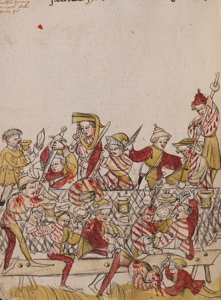 An illustration from Nycolaus de Lyra, Postilla super Ieremiam, Danielem, in Machabaeorum et Iudith, 1393, leaf 294
