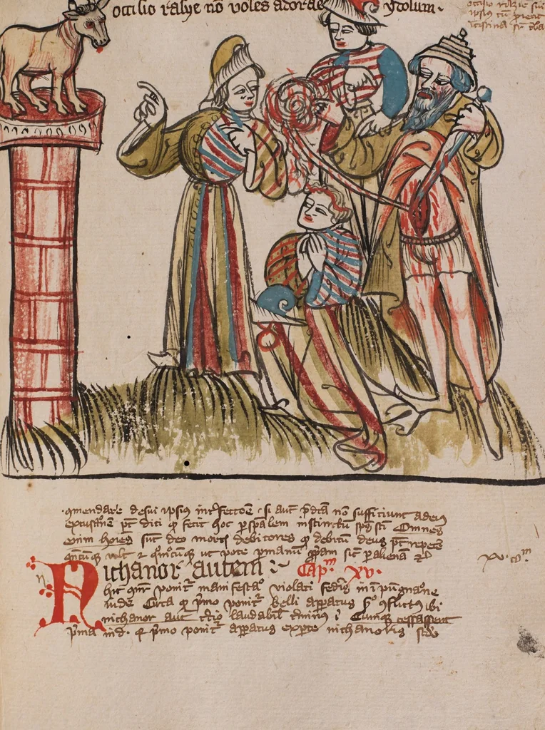 An illustration from Nycolaus de Lyra, Postilla super Ieremiam, Danielem, in Machabaeorum et Iudith, 1393, leaf 345