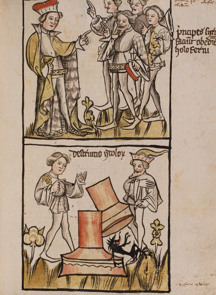 An illustration from Nycolaus de Lyra, Postilla super Ieremiam, Danielem, in Machabaeorum et Iudith, 1393, leaf 357
