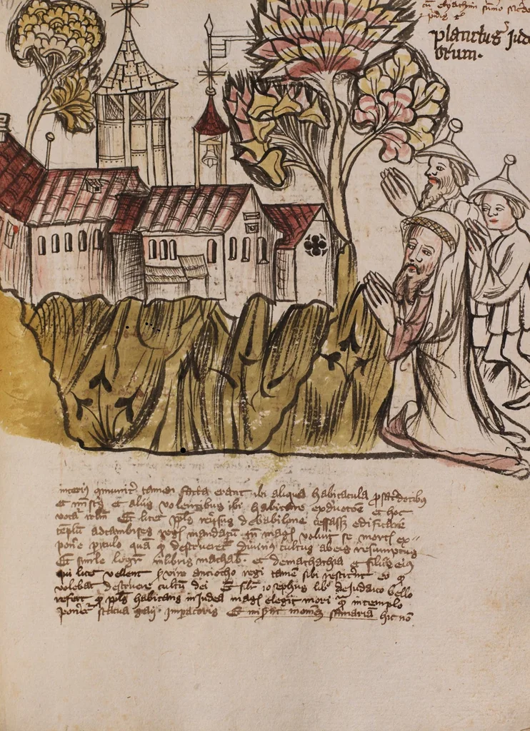 An illustration from Nycolaus de Lyra, Postilla super Ieremiam, Danielem, in Machabaeorum et Iudith, 1393, leaf 359