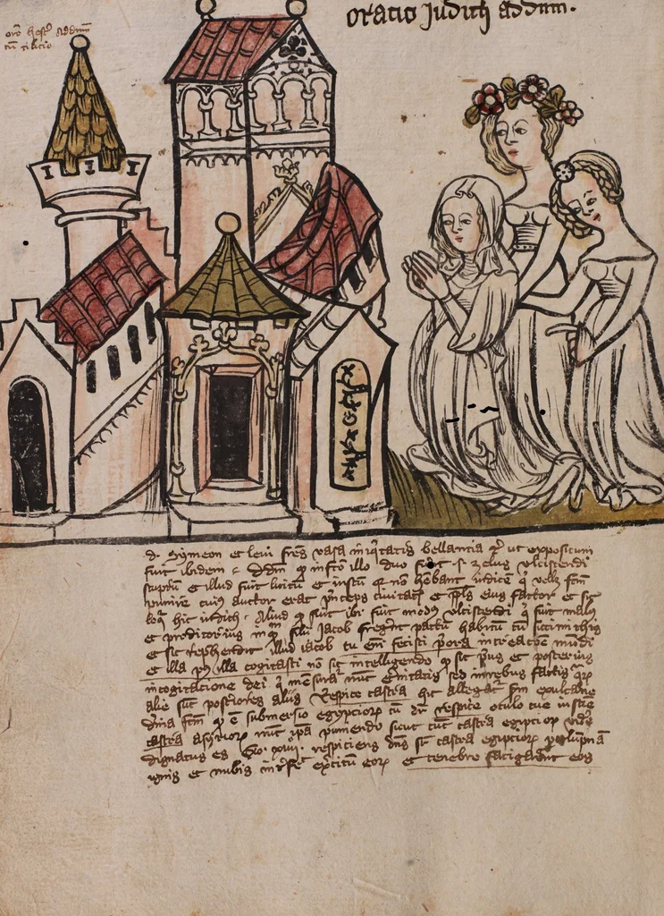 An illustration from Nycolaus de Lyra, Postilla super Ieremiam, Danielem, in Machabaeorum et Iudith, 1393, leaf 374