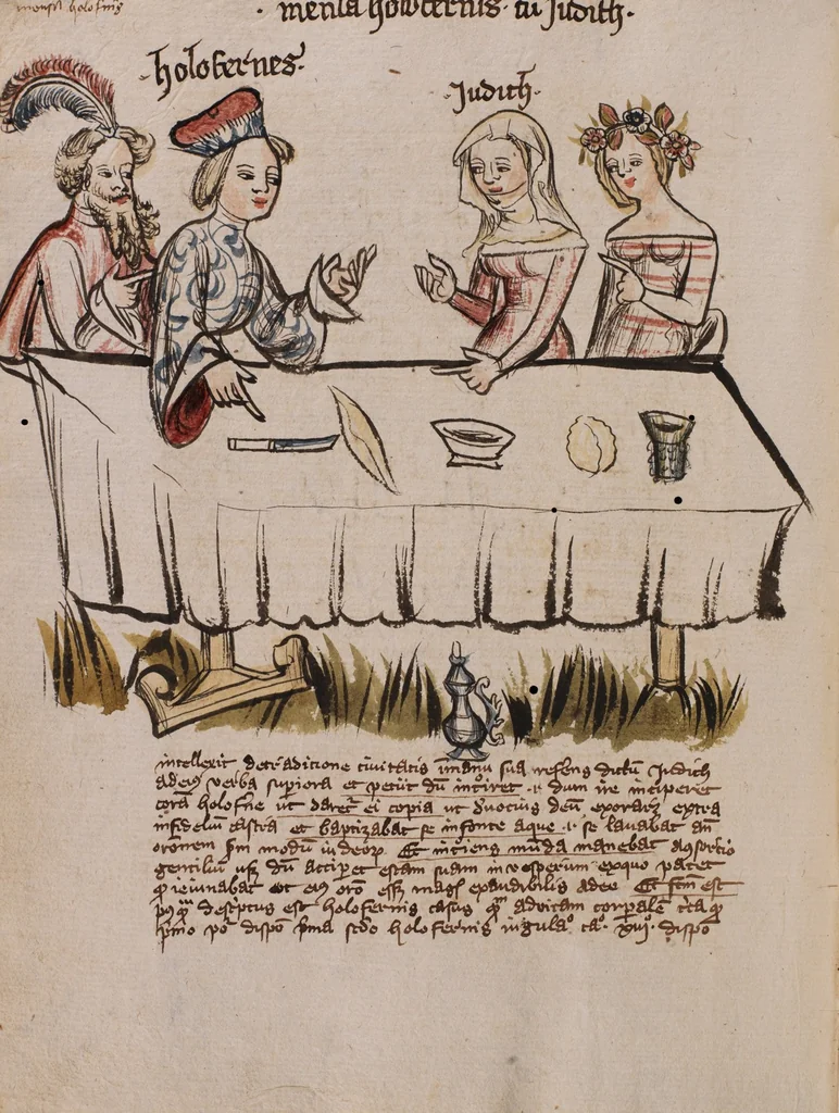 An illustration from Nycolaus de Lyra, Postilla super Ieremiam, Danielem, in Machabaeorum et Iudith, 1393, leaf 382