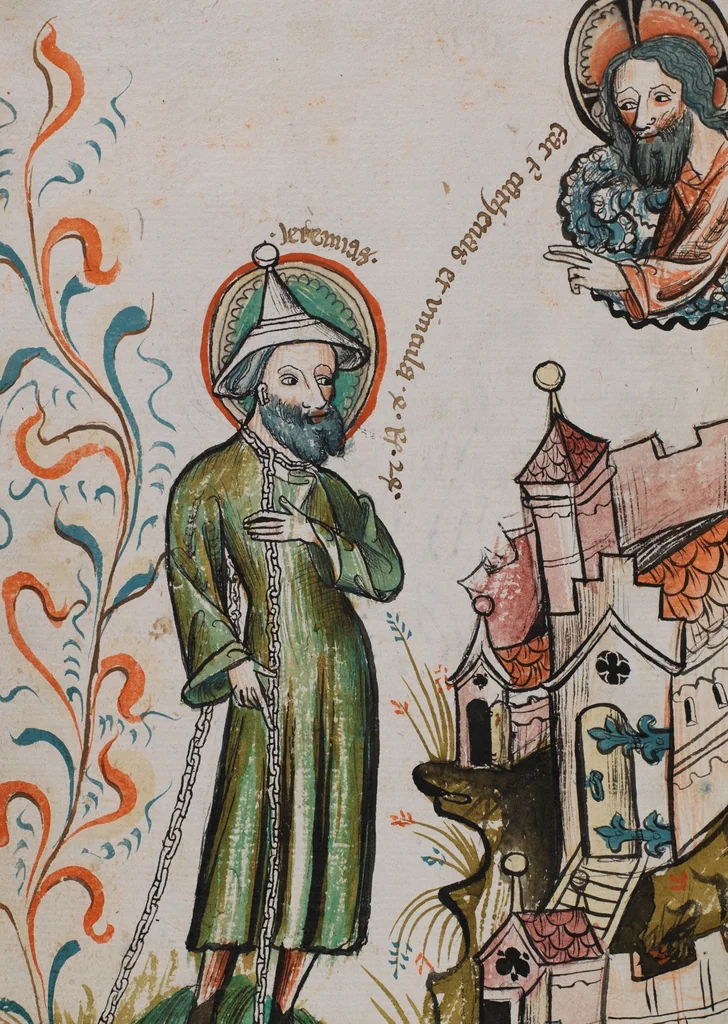 An illustration from Nycolaus de Lyra, Postilla super Ieremiam, Danielem, in Machabaeorum et Iudith, 1393, leaf 76