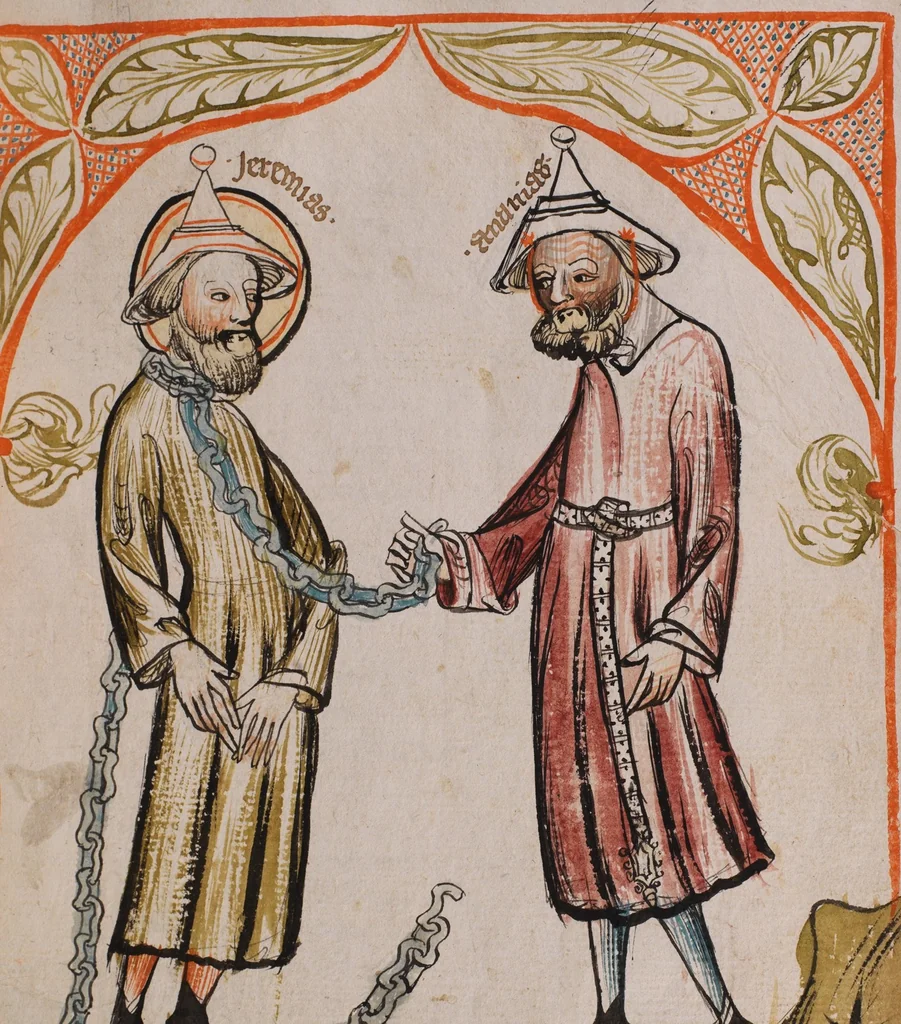 An illustration from Nycolaus de Lyra, Postilla super Ieremiam, Danielem, in Machabaeorum et Iudith, 1393, leaf 77