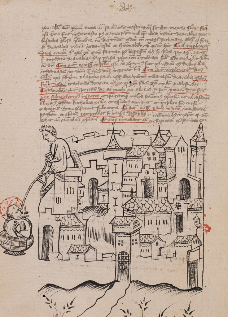 An illustration from Nycolaus de Lyra, Postilla super Actus apostolorum, super Apocalypsim et super septem epistolas canonicas, 1405, leaf 56