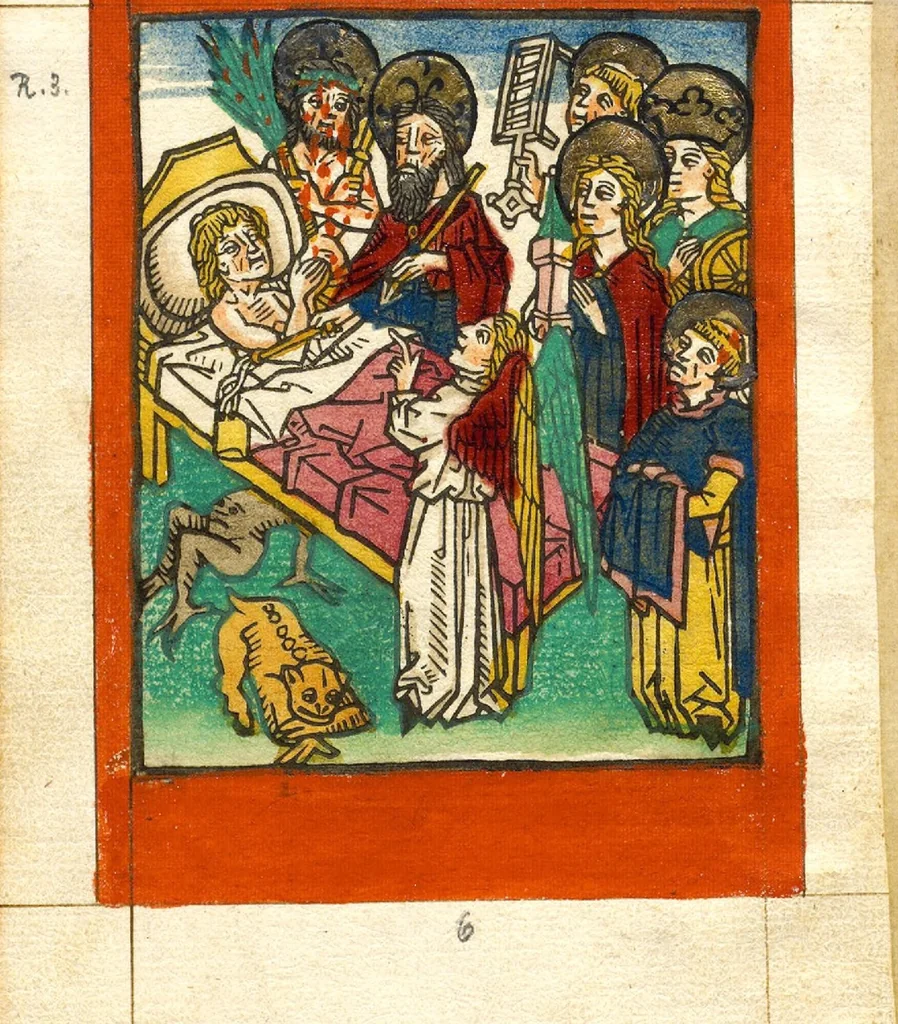 An illustration from Ars moriendi, German, 1475, leaf 16
