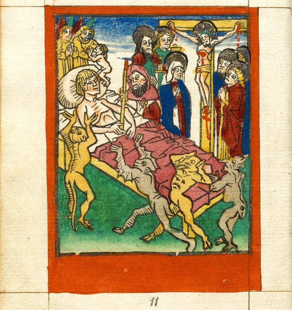An illustration from Ars moriendi, German, 1475, leaf 26