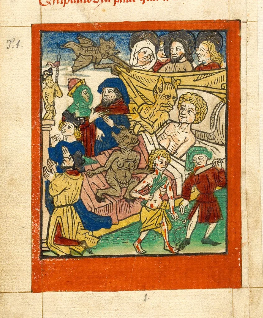 An illustration from Ars moriendi, German, 1475, leaf 6