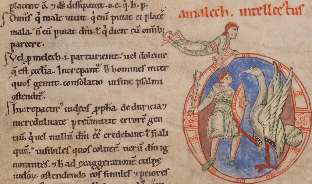 An illustration from Psalterium cum glossa ordinaria; Cantica ad laudes et ferialia glossata, 1150, leaf 166
