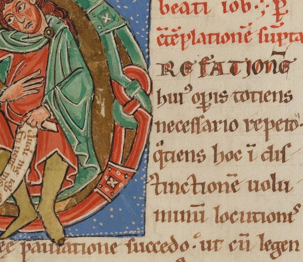 An illustration from Gregorius, <i>Moralia in Iob</i>, Books 17 to 35, 1463, leaf 157