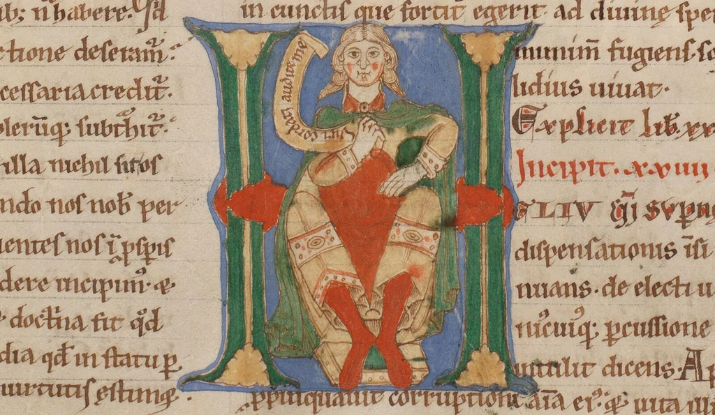 An illustration from Gregorius, <i>Moralia in Iob</i>, Books 17 to 35, 1463, leaf 181