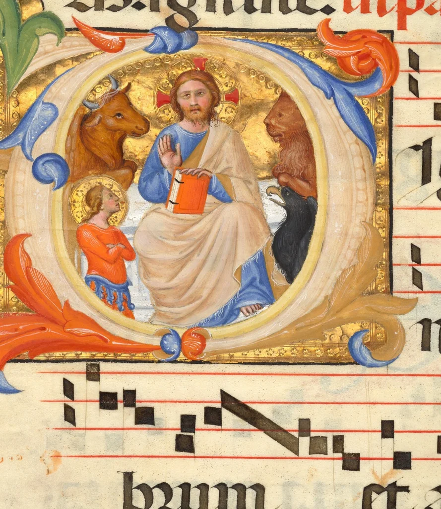 An illustration from Initial D: Christ in Majesty Surrounded by the Symbols of the Evangelists, cutting from an antiphonal, 1390, leaf 1