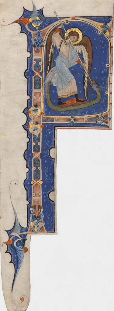 An illustration from Initial F: The Archangel Saint Michael, cutting from an antiphonal, 1290, leaf 1
