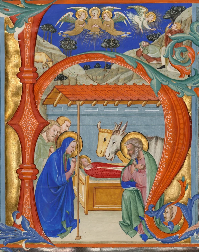 An illustration from Initial H: The Nativity, cutting from an antiphonal, 1405, leaf 1
