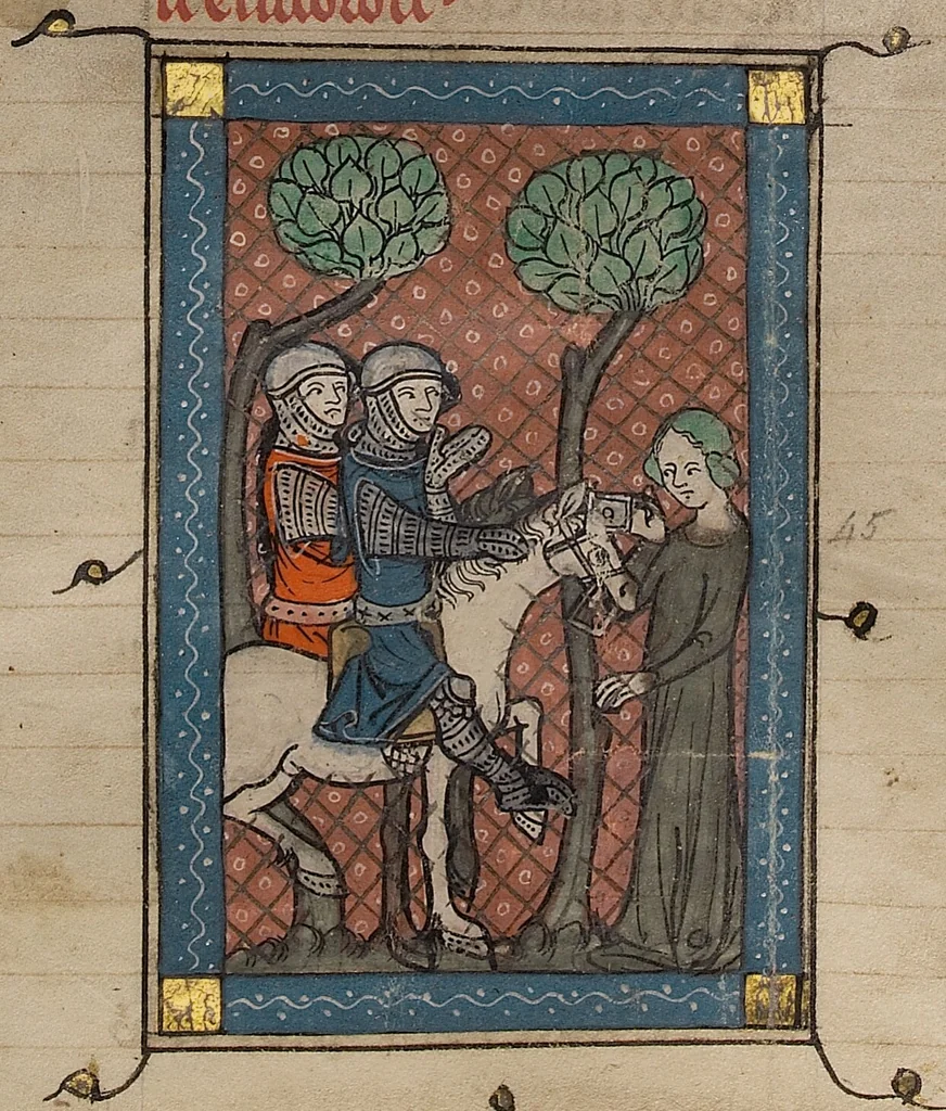 An illustration from Roman du Bon Chevalier Tristan, Fils au Bon Roy Meliadus de Leonois, 1320, leaf 1