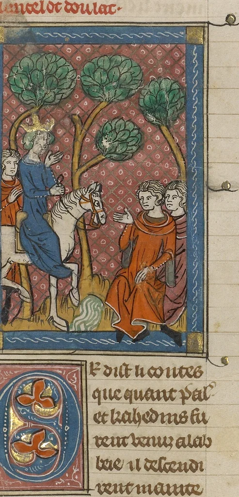 An illustration from Roman du Bon Chevalier Tristan, Fils au Bon Roy Meliadus de Leonois, 1320, leaf 19