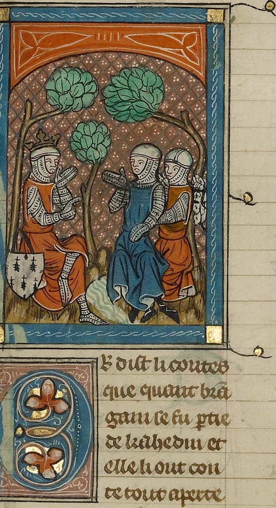 An illustration from Roman du Bon Chevalier Tristan, Fils au Bon Roy Meliadus de Leonois, 1320, leaf 21