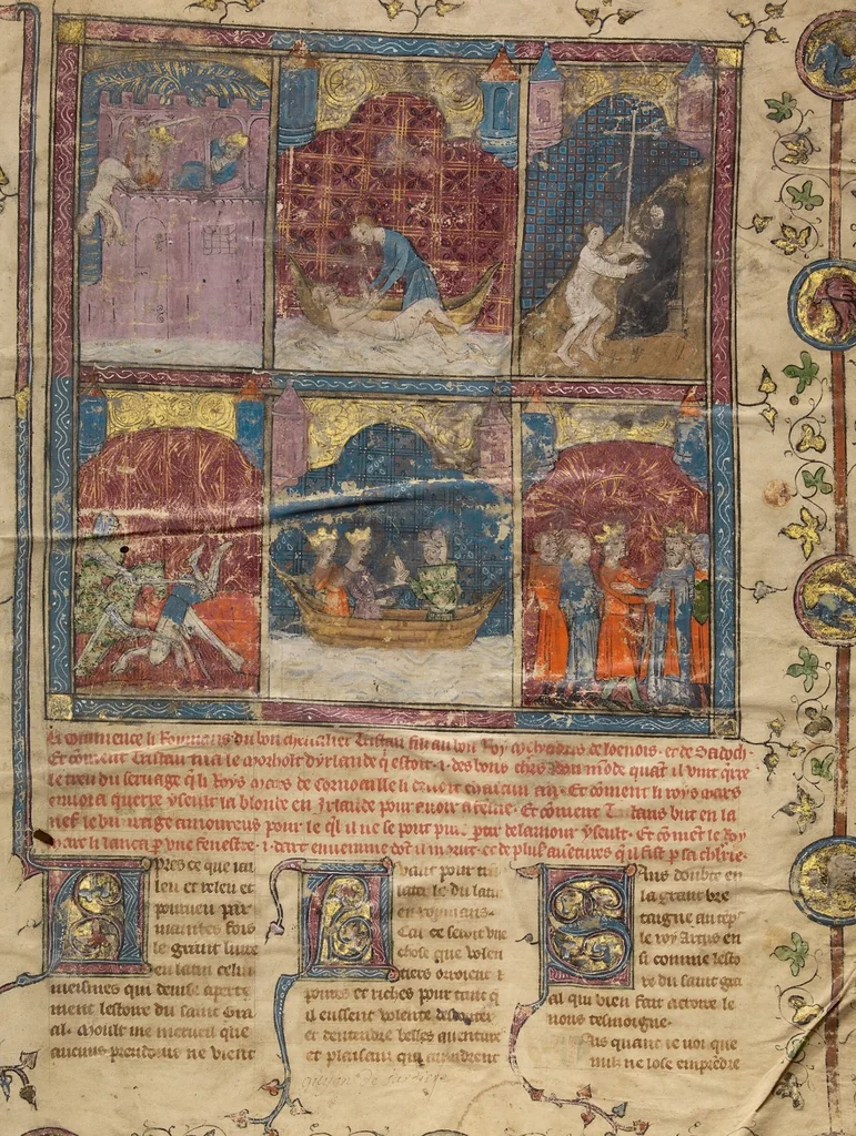 An illustration from Roman du Bon Chevalier Tristan, Fils au Bon Roy Meliadus de Leonois, 1320, leaf 32