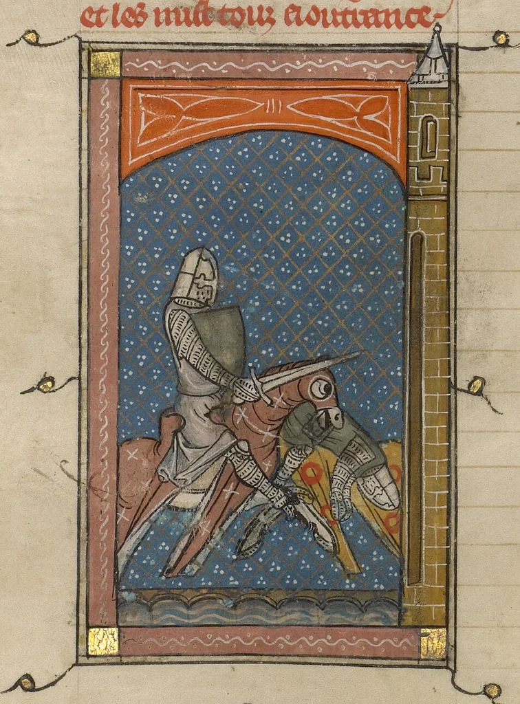 An illustration from Roman du Bon Chevalier Tristan, Fils au Bon Roy Meliadus de Leonois, 1320, leaf 42
