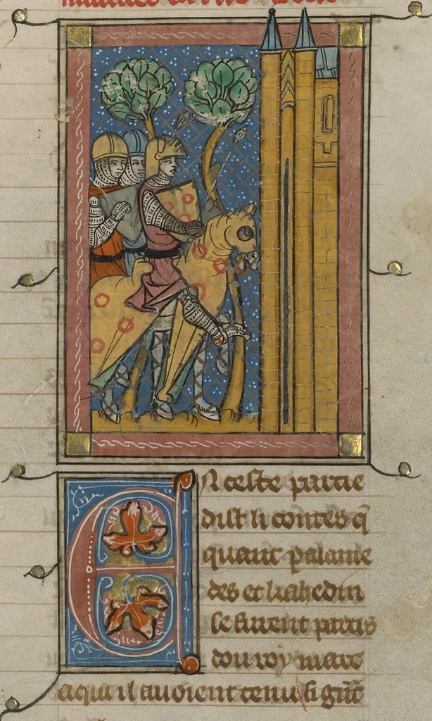 An illustration from Roman du Bon Chevalier Tristan, Fils au Bon Roy Meliadus de Leonois, 1320, leaf 60