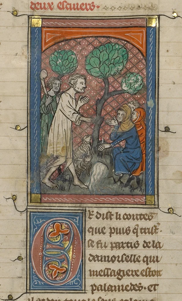An illustration from Roman du Bon Chevalier Tristan, Fils au Bon Roy Meliadus de Leonois, 1320, leaf 83