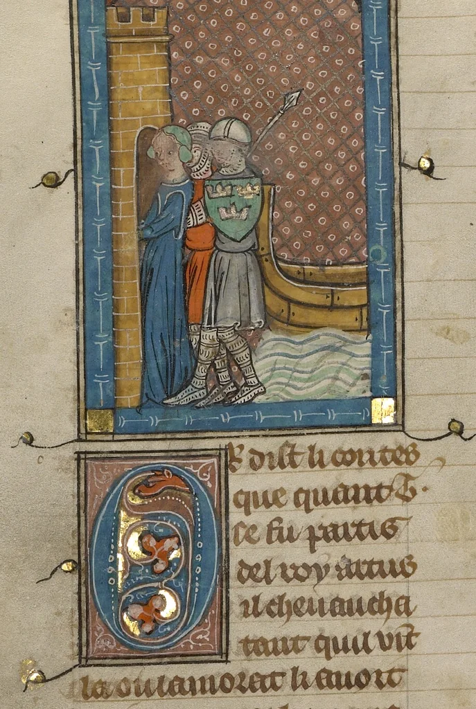 An illustration from Roman du Bon Chevalier Tristan, Fils au Bon Roy Meliadus de Leonois, 1320, leaf 85