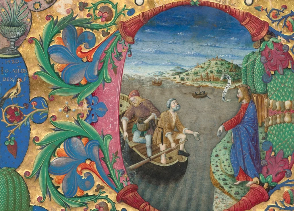 An illustration from Initial D: The Calling of Saints Peter and Andrew, cutting from a gradual, 1480, leaf 1