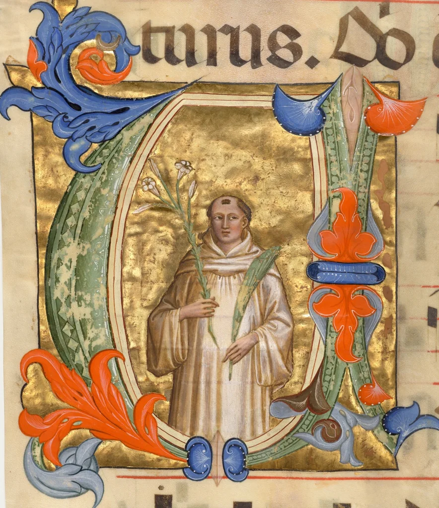 An illustration from Initial V: Saint Placidus, cutting from an antiphonal, 1385, leaf 1