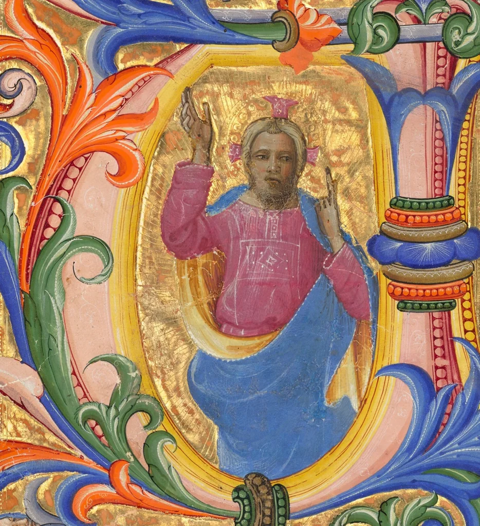An illustration from Initial V: Christ Blessing, cutting from a gradual, 1423, leaf 1