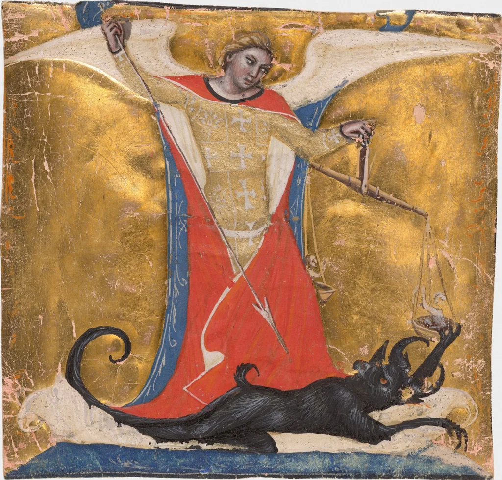 An illustration from Initial I: Saint Michael Defeating the Devil, cutting from an antiphonal, 1348, leaf 1