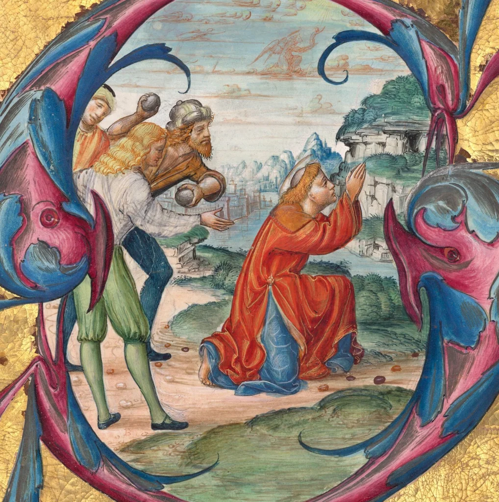 An illustration from Initial S: The Stoning of Saint Stephen, cutting from an antiphonal, 1500, leaf 1