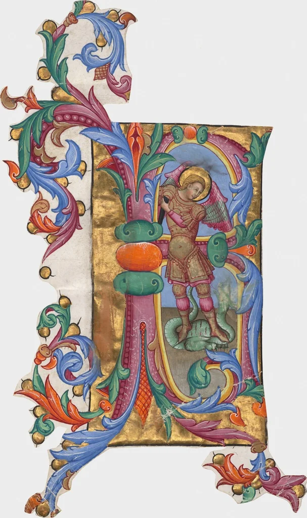 An illustration from Initial R or B: Saint Michael and the Dragon, cutting from an antiphonal, 1446, leaf 1
