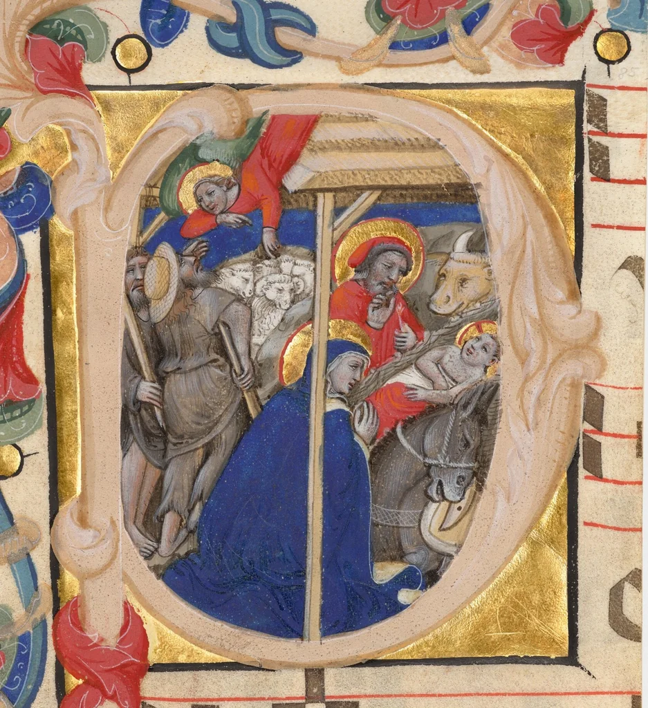 An illustration from Initial P: The Nativity and the Annunciation to the Shepherds, cutting from a gradual, 1392, leaf 1