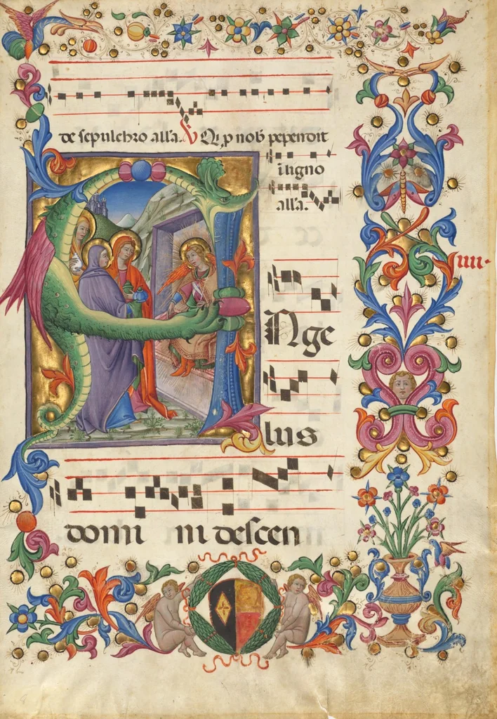 An illustration from Initial A: The Three Marys at the Tomb, leaf from an antiphonal, 1471, leaf 1