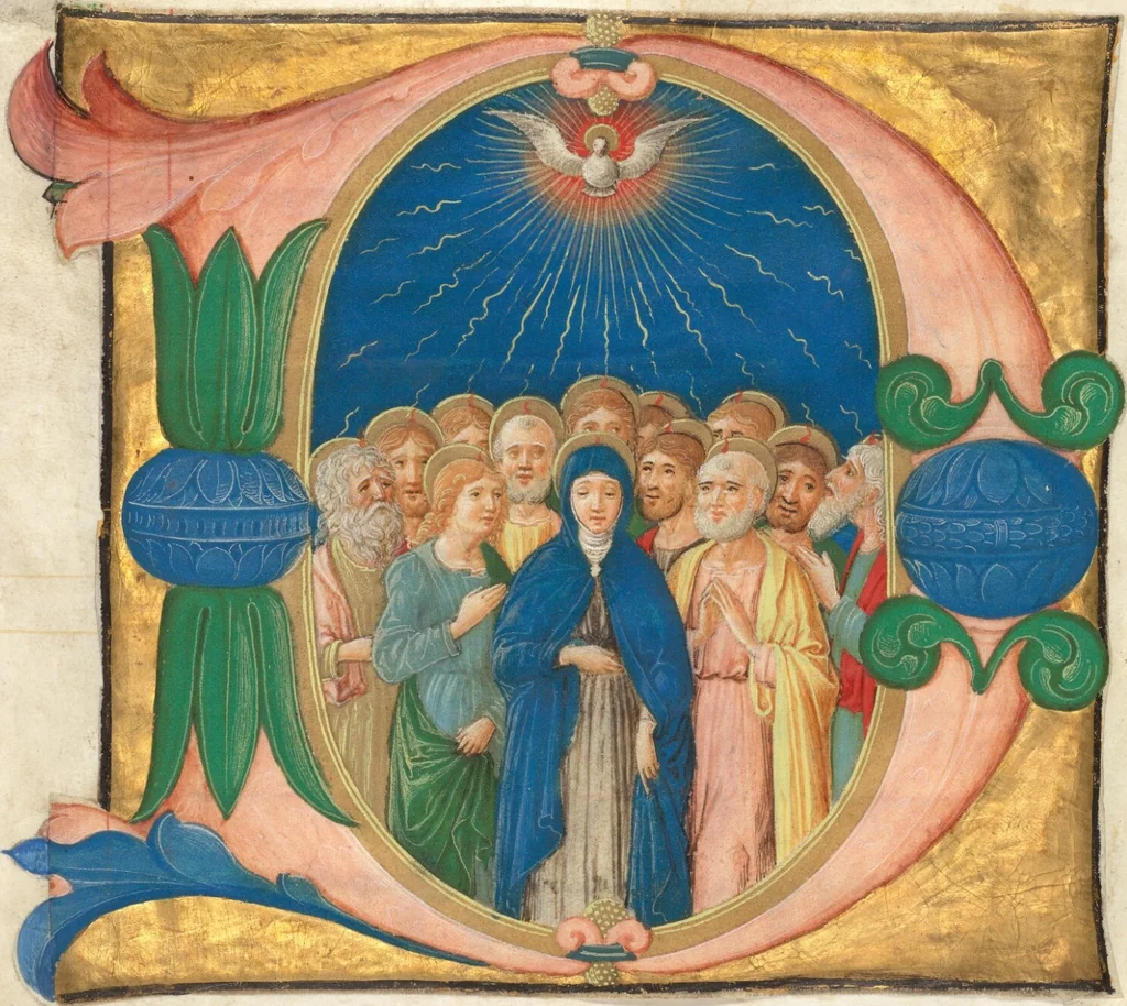 An illustration from Initial D: Pentecost, cutting from an antiphonal, 1490, leaf 1