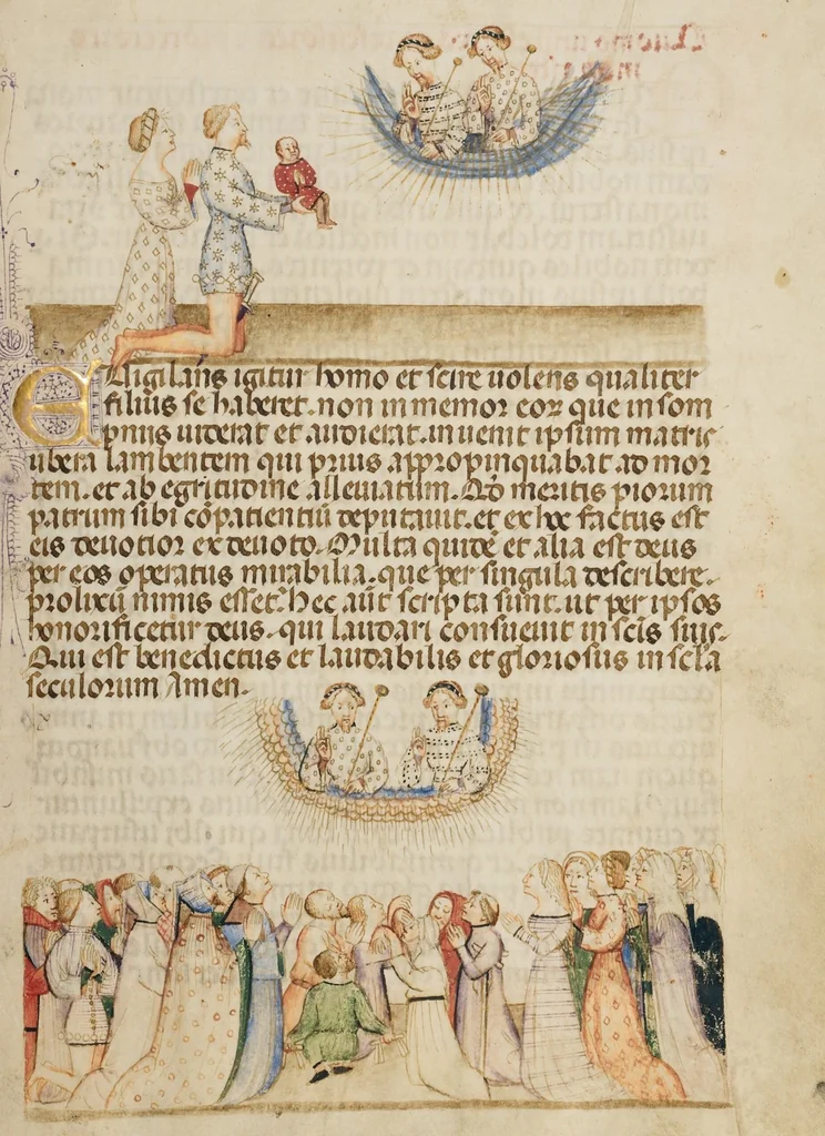 An illustration from Legenda Venerabilium Virorum Aymonis et Vermondi, 1400, leaf 11