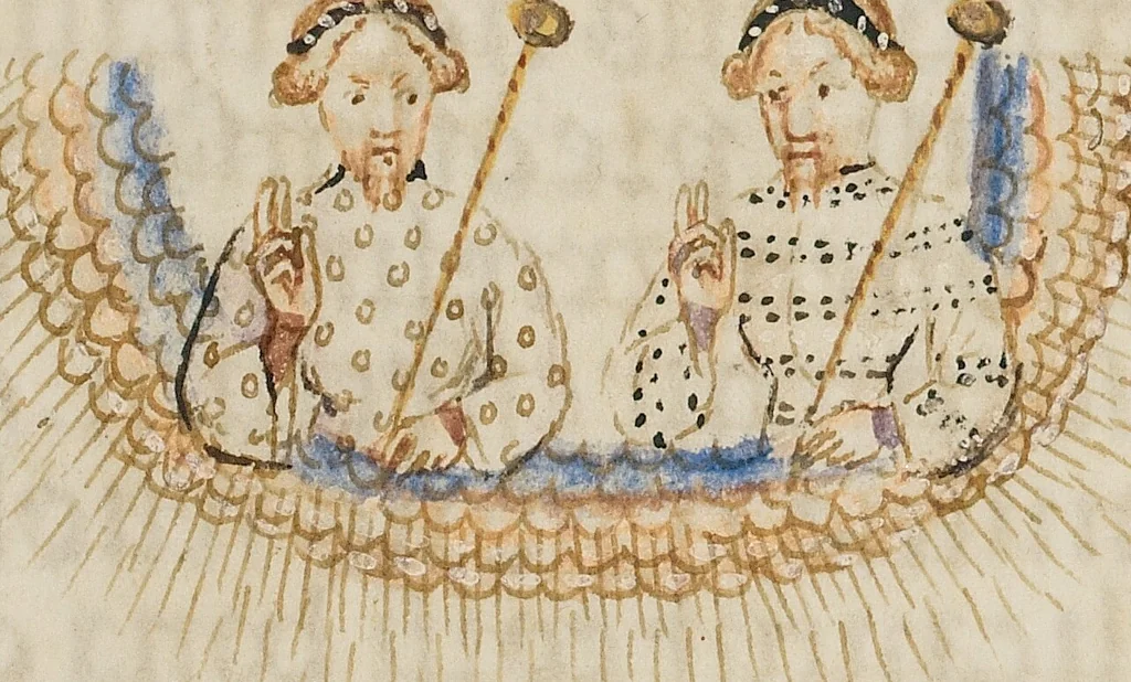 An illustration from Legenda Venerabilium Virorum Aymonis et Vermondi, 1400, leaf 12