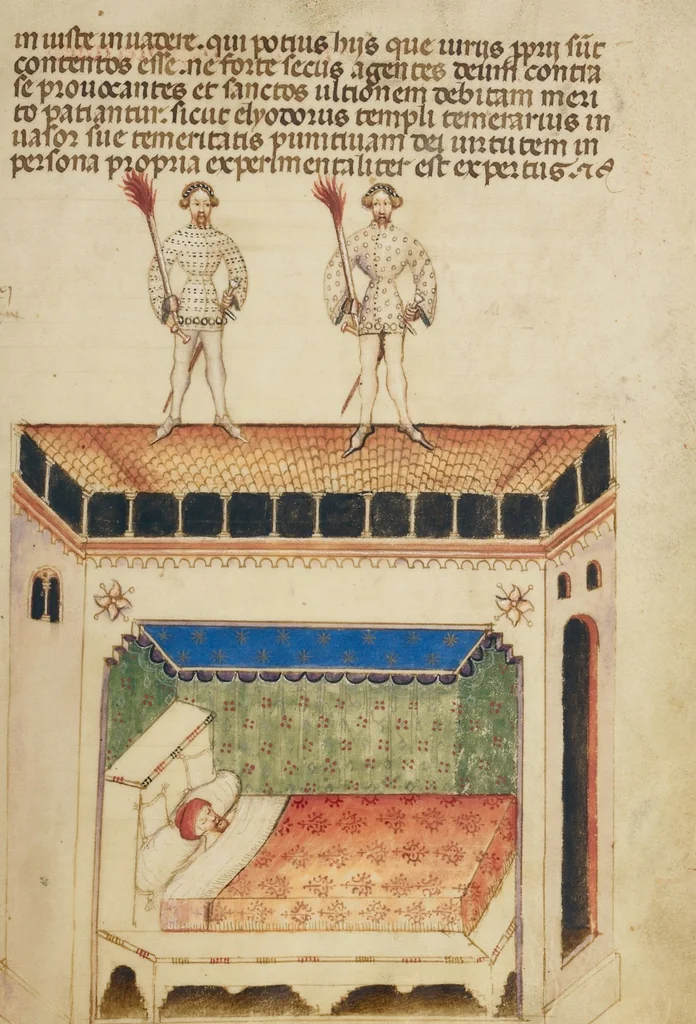 An illustration from Legenda Venerabilium Virorum Aymonis et Vermondi, 1400, leaf 13