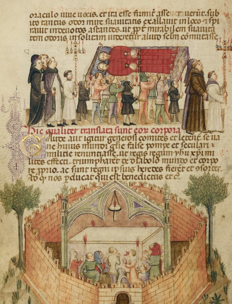 An illustration from Legenda Venerabilium Virorum Aymonis et Vermondi, 1400, leaf 16